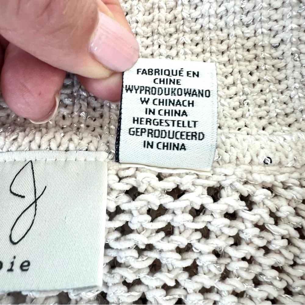 JOIE Cream Metallic Glitter Shimmer Sequins Open Knit Lace Up Sweater Sz XL